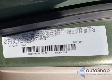 2007 Subaru Outback 2.5I из США, поврежденный, VIN 4S4BP61C177326340